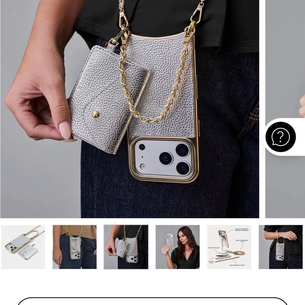 16 ProBandolier Metallic Silver Crossbody Phone Case with Cardholder &Gold Chain